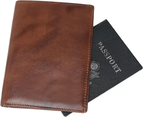 Vista 5 de Polare - Cartera de viaje de cuero con bloqueo RFID para pasaporte para hombres y mujeres Café