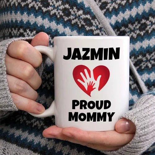 Vista 2 de Jazmin Proud Mommy - Taza grande de café o té, regalo para el día de la madre, corazón, amor, especial para baby shower, regalo de nacimiento