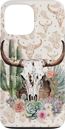Vista 24 de Western Boho Chic Longhorn Bull Skull Cactus Beige Pattern Case for iPhone 17