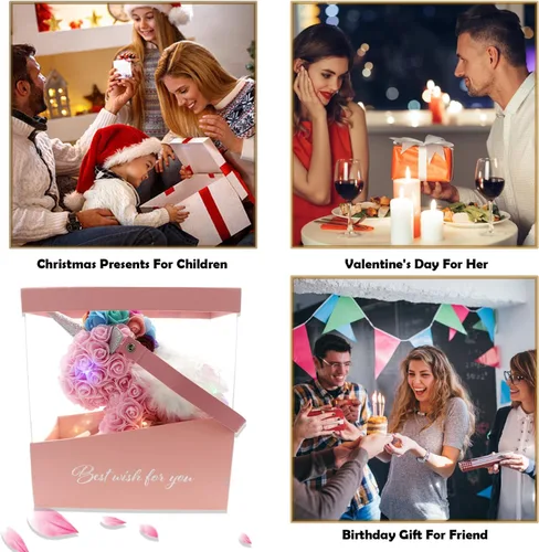 Vista 4 de Juego de caja de regalo de unicornio rosa con flores artificiales para siempre, para novia, niños, hija, mujeres, aniversario, Navidad, San