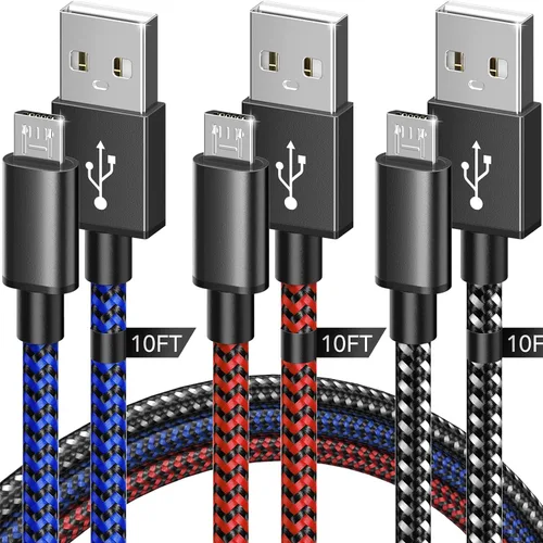 Vista 6 de Cable de carga para controlador PS4, 10 pies, paquete de 2 cables de nailon trenzado extra largo micro USB 2.0 de sincronización de datos de alta