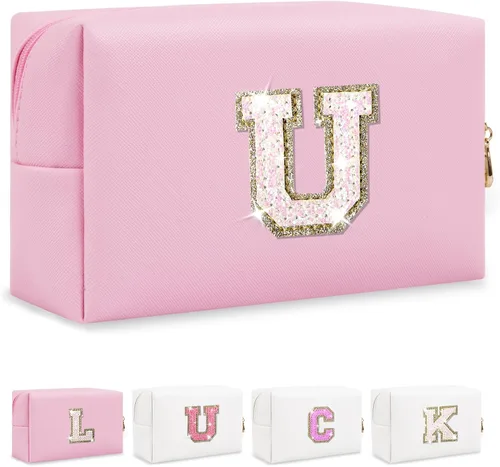 Vista 25 de Bolsa de maquillaje con parche de letra inicial personalizada, bolsa de cosméticos de chenilla preppy con letra de chenilla con cremallera, Y