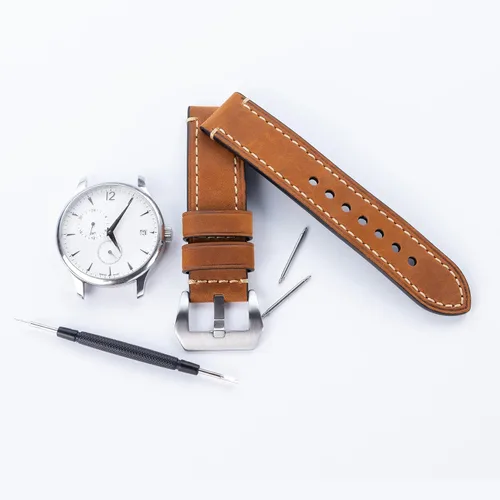 Vista 6 de Marrón 0.866 in Cuero Genuino Reloj Banda de reloj de la vendimia bronceado aceite Correa de reloj para los hombres con hebilla de acero inoxidable