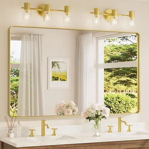 Vista 20 de Espejo de marco dorado cepillado de 16 x 24 pulgadas, espejo de tocador de baño de latón dorado para pared, espejo enmarcado rectangular de esquina