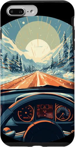 Vista 7 de iPhone 14 divertido operador de coche con puesta de sol y volante en caso de invierno