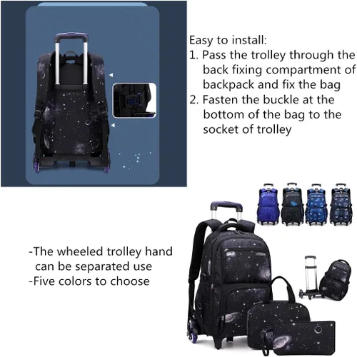 Vista 6 de Mochila escolar con ruedas con estampado de galaxia para niños primarios, negro, azul, 3Pcs Rolling Backpack Set, Portátil