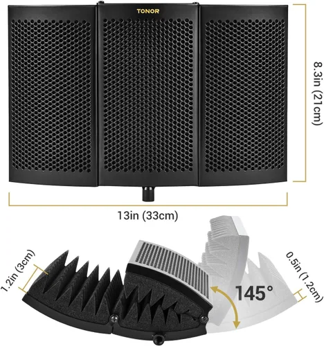 Vista 4 de TONOR Escudo de aislamiento de micrófono, reflector de espuma absorbente de sonido para cualquier condensador de micrófono, equipo de grabación