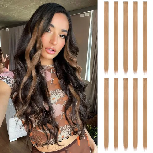Vista 31 de FESHFEN Juego de 12 extensiones de cabello con clip, color negro, con clip, con purpurina, kit de accesorios coloridos para mujeres, de 20 pulgadas