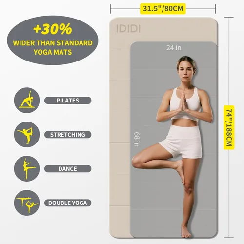 Vista 2 de Esterilla de yoga plegable extra grande de 74 x 31.5 pulgadas, 0.315 pulgadas, de doble cara, antideslizante, ligera, para hombre y mujer, portátil