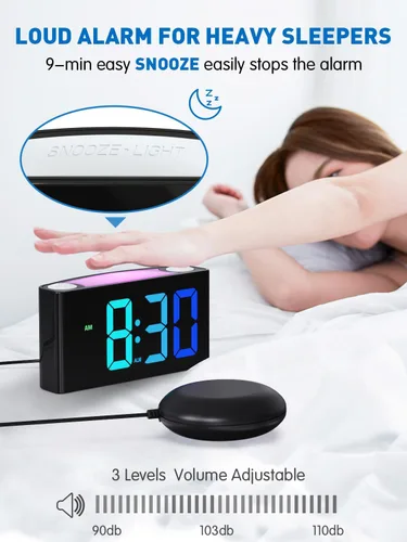 Vista 8 de Vibrating Alarm Clock for Heavy Sleepers with Bed Shaker, 3 Wake-Up Modes 110dB Loud Alarm for Hearing Impaired, 7.5-Inch RGB Display, 7 Color 8