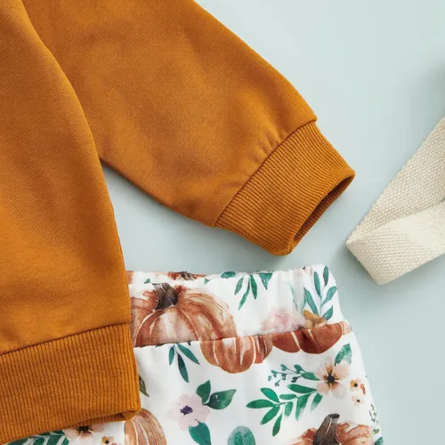 Vista 6 de Madjtlqy Conjunto de ropa de Halloween para bebé niña con estampado de calabaza con estampado de calabaza, camiseta de manga larga + pantalones