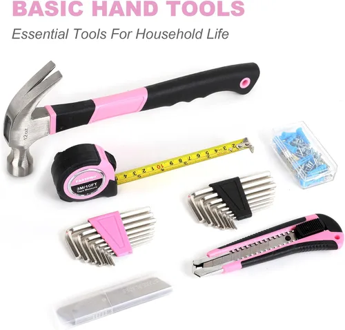 Vista 8 de FASTPRO Juego de herramientas rosa de 225 piezas, juego de herramientas manuales de mecánica SAE y métricas con caja de herramientas, kit