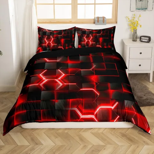 Vista 20 de Feelyou Juego de ropa de cama verde y negro tamaño individual para niños y adolescentes, juego de funda de edredón con temática hexagonal