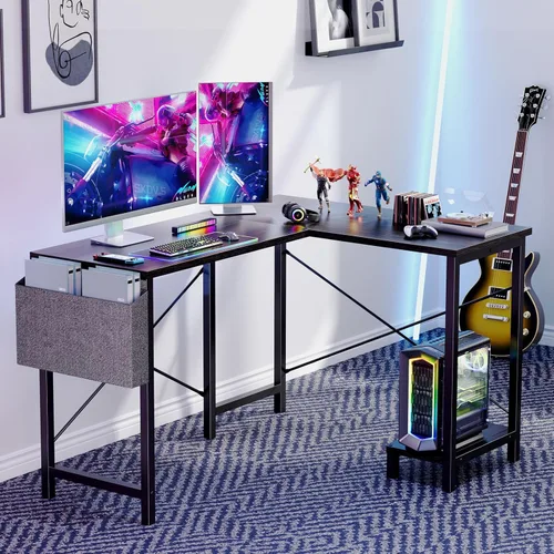 Vista 4 de Sweetcrispy Escritorio para juegos en forma de L, mesa de esquina para computadora, juegos de PC con soporte de CPU, bolsa lateral para el hogar