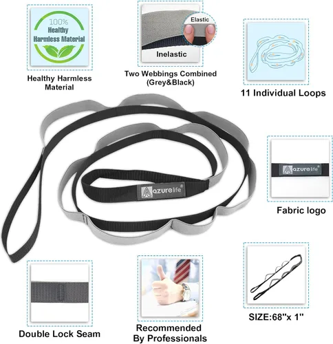Vista 4 de A AZURELIFE Half-Elastic Stretch Straps with 11 Loops, Stretching Strap for Physical Therapy, Multi-Loop Yoga Strap Fitness Exercise Strap for Yoga