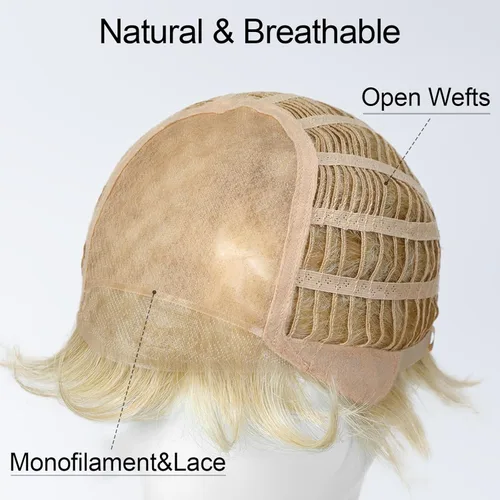 Vista 2 de HAIRCUBE Pelucas rubias de corte Pixie para mujer, estilo ondulado natural, peluca de encaje sintético resistente al calor con parte superior