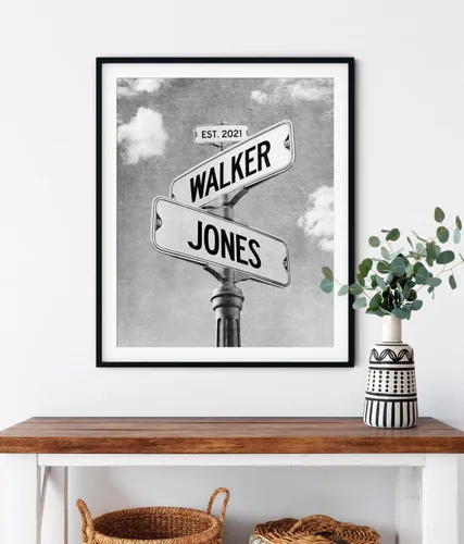 Vista 25 de Señal de calle vintage personalizada para parejas en lienzo, nombres y fecha personalizados, regalos de Navidad para ella o él, regalo del Día