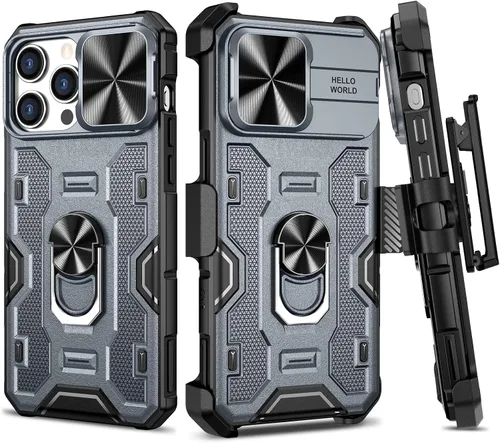 Vista 16 de VEGO Funda para iPhone 13 Pro Max/iPhone 12 Pro Max con soporte, cubierta deslizante para cámara y funda con clip para cinturón, funda protectora