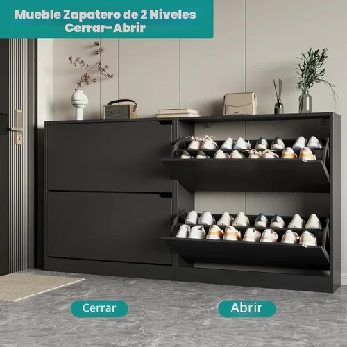 Vista 3 de Xixini Armario de almacenamiento de zapatos para entrada con 2 cajones abatibles, almacenamiento oculto independiente de madera, organizador de Negro