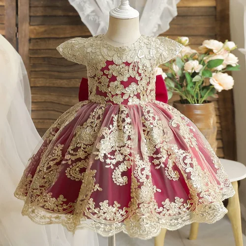 Vista 2 de TTYAOVO Vestido de flores para bebé, cumpleaños, princesa, fiesta, trajes de encaje 06 Borgoña-c