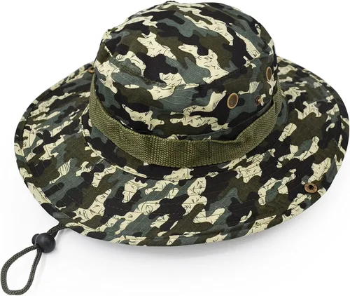 Vista 4 de Sombrero de protección solar de ala ancha para exteriores, clásico estilo militar de combate de EE. UU., gorra de sol para pesca, caza, campamento
