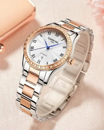 Vista 28 de Reloj mecánico automático para mujer Carnival con banda de acero inoxidable