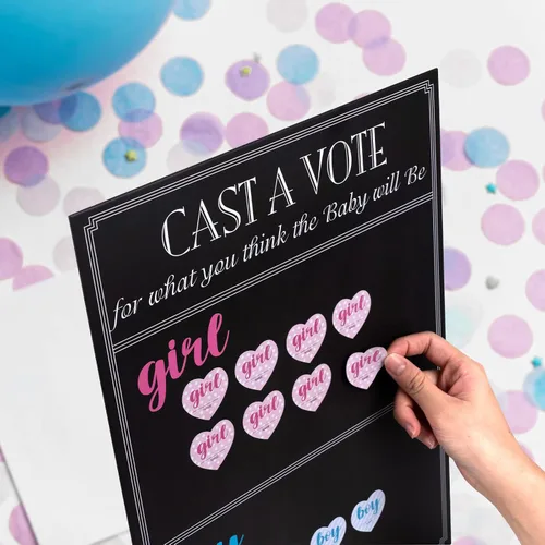 Vista 4 de Juego de mesa para revelar el género del bebé con 144 calcomanías de voto para niña o niño, cartel de voto con soporte, diseño de pizarra