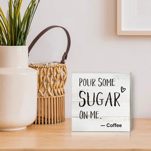 Vista 5 de Letrero de café en madera para caja de cocina y decoración del hogar, placa de madera rústica y divertida con la frase en inglés "pour some sugar on