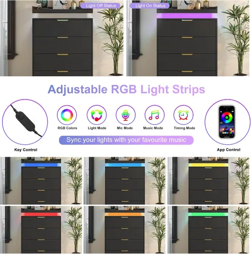 Vista 5 de UNIQUITE Cómoda negra con luces LED y toma de corriente, cómoda alta de madera con 4 cajones para dormitorio, cómoda moderna para dormitorio