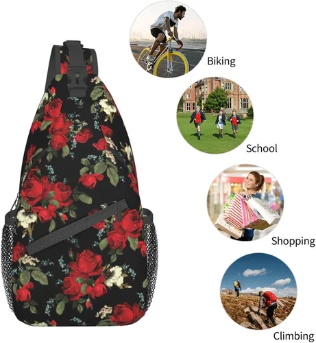Vista 5 de Junong Bolso bandolera bandolera para viajes, senderismo, pecho, mochila deportiva para mujeres y hombres, Patrón floral de rosas rojas