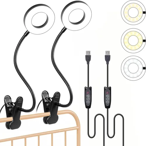 Vista 10 de Foneso Lámpara de escritorio con clip, luz de 48 LED, USB, con 3 modos de color, 10 niveles de brillo, protección ocular, cuello de ganso flexible