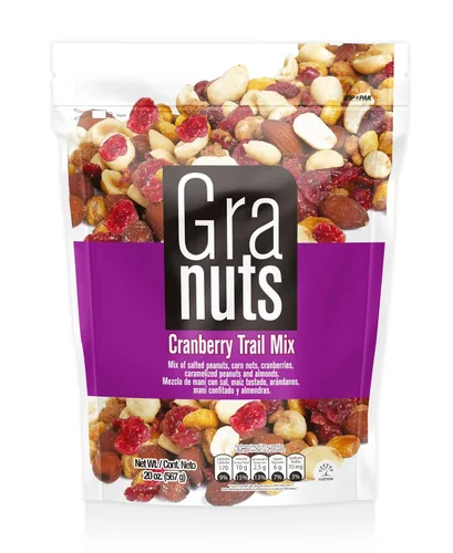 Vista 9 de Granuts Cranberry Trail Mix Cacahuetes caramelizados Nueces de maíz crujientes + almendras Arándanos suaves Sabores salados + dulces Snack