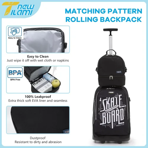 Vista 57 de NEW TILAMI Mochila con ruedas de 19 pulgadas con bolsa de almuerzo para niñas y niños, mochila para laptop con ruedas, bolsa de mano duradera
