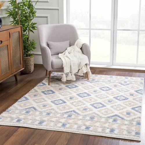 Vista 8 de Hauteloom Tilos - Alfombra marroquí de estilo granja pequeña con diseño de enrejado, alfombrilla para puerta, alfombra peluda, patrón de enrejado
