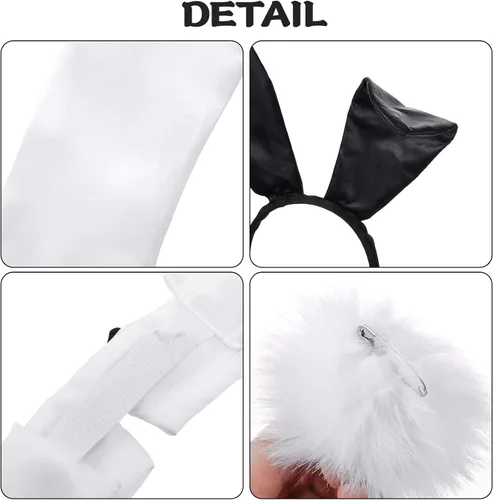 Vista 3 de Zhanmai Juego de accesorios de disfraz de conejo de Halloween para mujer Diadema de orejas de conejo rojo rosa, puños, cola y guantes, accesorio