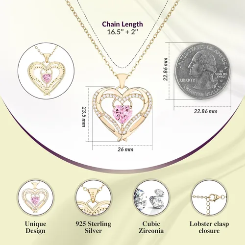 Vista 4 de BB Gold Birthstone Necklace for Women Birthstone Jewelry for Mom Necklace with Heart Pendant - 14K Gold Plated Sterling Silver Heart Necklace Gift