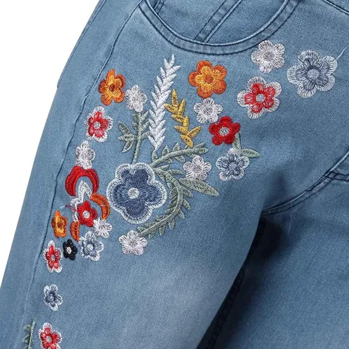 Vista 5 de Pantalones acampanados de pierna ancha con bordado floral, pantalones acampanados para mujer, pantalones de mezclilla con bordado de pierna retro