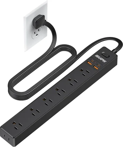 Vista 11 de Regleta protectora de sobretensiones de 6 pies, 7 tomacorrientes, 4 puertos USB (2 USB C), cable de extensión plano ultrafino y enchufe plano, 1700