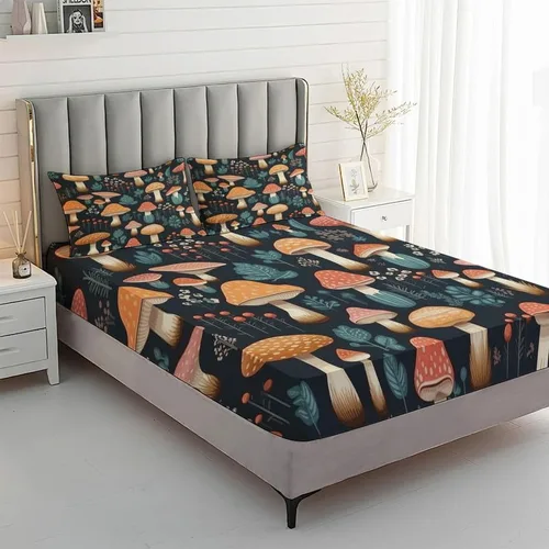 Vista 2 de Juego de sábanas tamaño individual de hongos, sábanas de microfibra suave y bolsillo profundo, sábanas y fundas de almohada estampadas sin arrugas