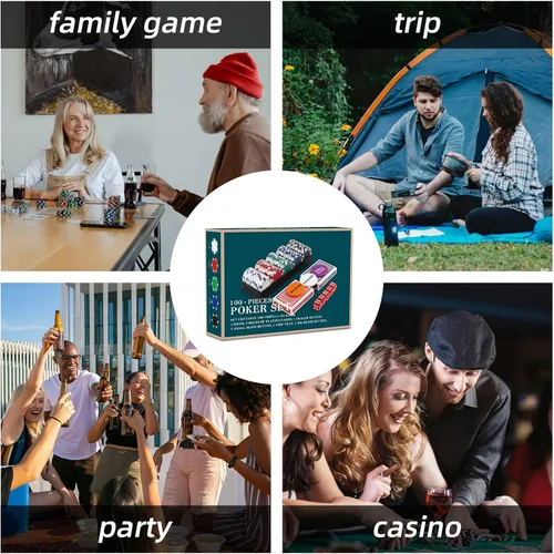 Vista 6 de Homwom Juego de póquer para viajar, 100 piezas, 5 colores, fichas de póquer profesionales en caja de regalo de cartón, fichas de póquer de casino