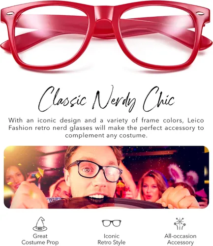 Vista 2 de LEICO FASHION Lentes transparentes sin receta retro nerd para hombres y mujeres - Lentes falsos para disfraz de cosplay