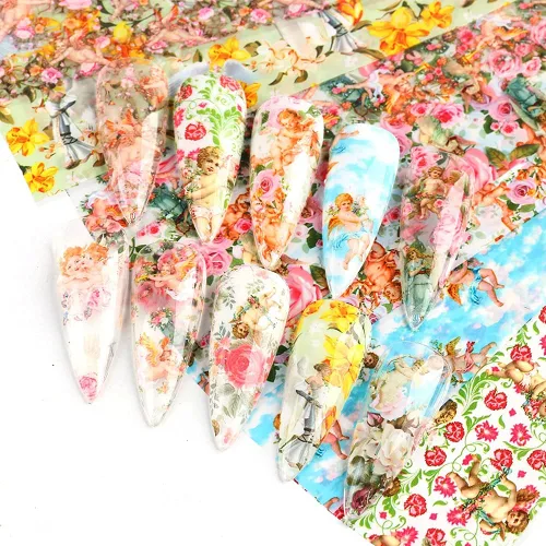 Vista 4 de 10 hojas de transferencia de lámina de uñas, diseño de flor de Cupido en ángulo, calcomanías de uñas, calcomanías de arte de uñas, tiras