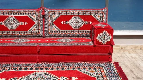 Vista 4 de arabicsofa Asiento marroquí rojo de 8 pulgadas de grosor – Juego de Jalsa árabe tradicional