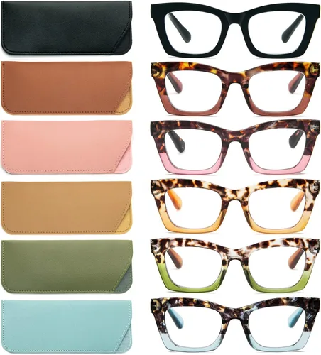 Vista 9 de REAVEE 6 Pack Reading Glasses for Women Blue Light Blocking, Cute Square Computer Readers with Spring Hinge