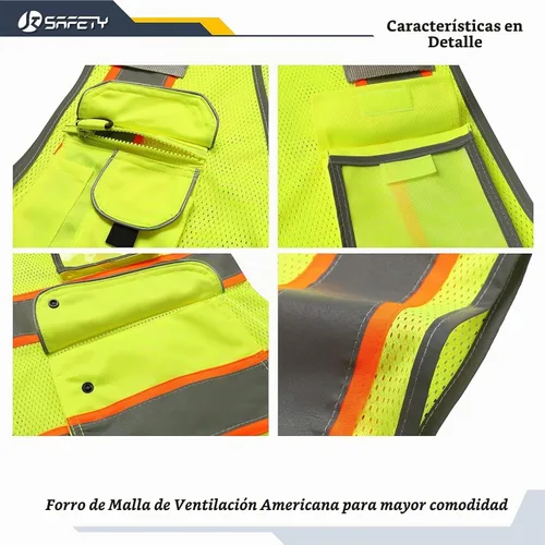 Vista 2 de JKSafety Chaleco de seguridad frontal con cremallera de alta visibilidad Clase 2 de 9 bolsillos con tiras reflectantes, cumple con las normas