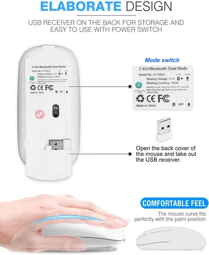 Vista 5 de Ratón inalámbrico Bluetooth de 2.4 GHz, modo doble, delgado, recargable, mouse inalámbrico silencioso USB, 3 DPI ajustables, compatible con laptop