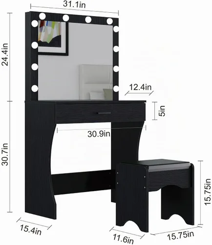 Vista 7 de Panana Escritorio de tocador con espejo y luces, negro, tamaño mediano, soporte de mesa, mesa de tocador de maquillaje con taburete, dormitorio