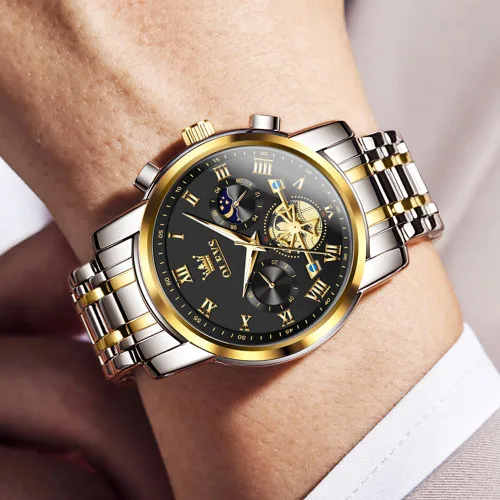 Vista 2 de OLEVS Relojes para hombre impermeables de acero inoxidable con pulsera ajustable, reloj analógico de cuarzo para hombre, moda de negocios, clásico