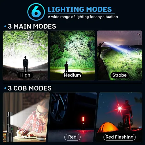 Vista 6 de Paquete de 2 linternas LED recargables de 990,000 lúmenes, ajustables con 5 modos, IPX7 impermeable, luz flash de mano para camping, senderismo