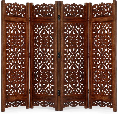Vista 10 de Lightnpro - Divisor plegable con bisagras de madera con diseño de corazón de madera, 4 paneles con diseños intrincadamente tallados, premontado